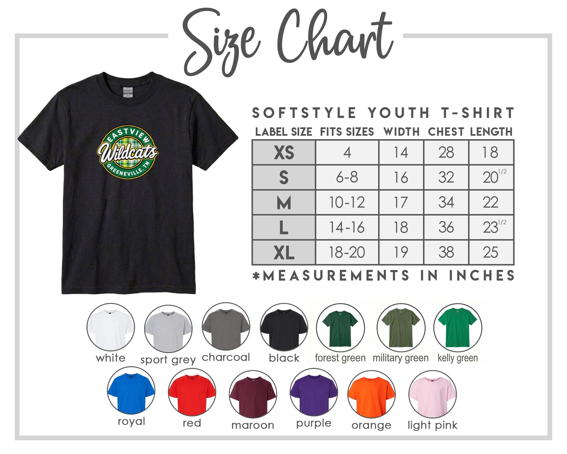 The image is a size chart for a softstyle youth t-shirt, providing measurements for different sizes and corresponding t-shirt colors.