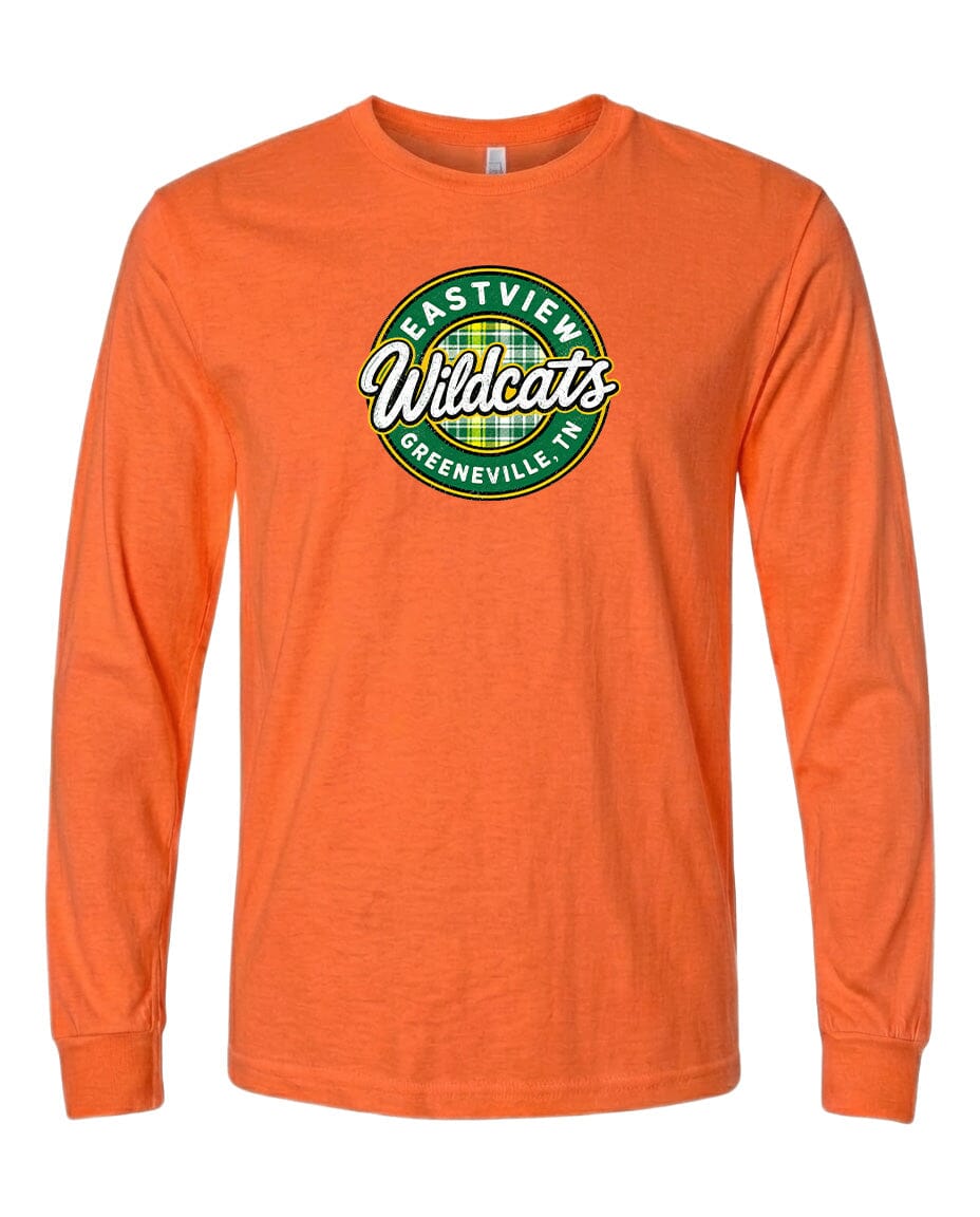 An orange long-sleeved t-shirt with a circular logo on the front.