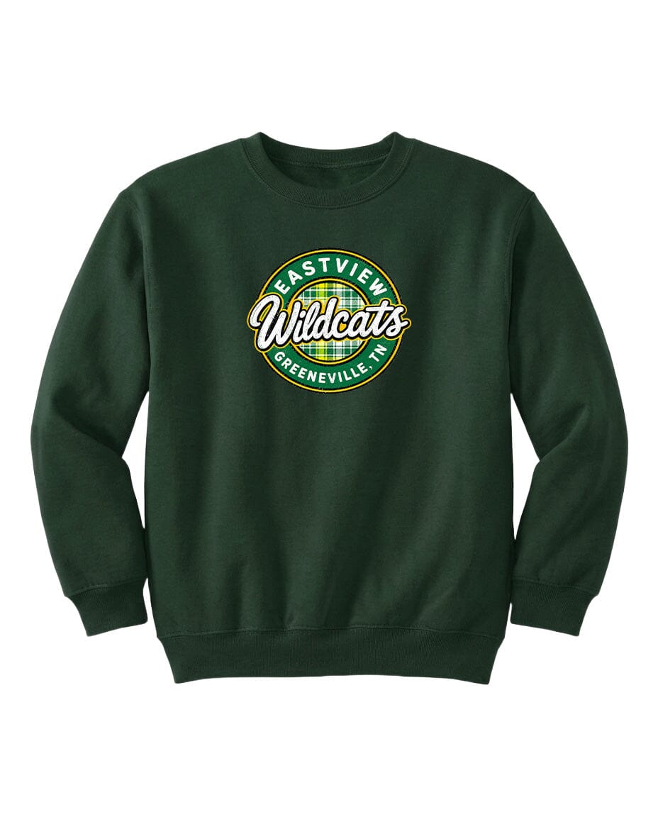 A dark green sweatshirt with a circular logo on the front.