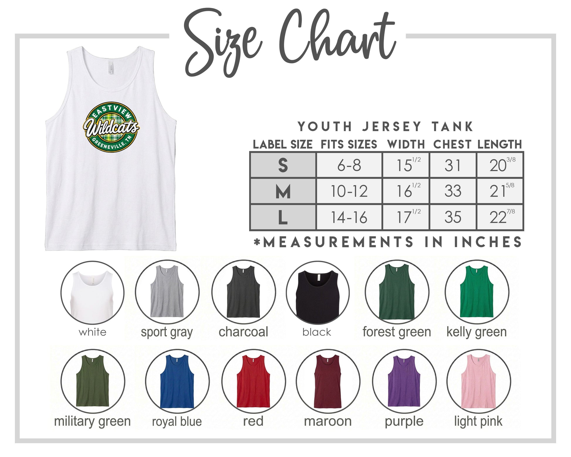 The image is a size chart for a youth jersey tank, displaying various color options and corresponding measurements in inches.