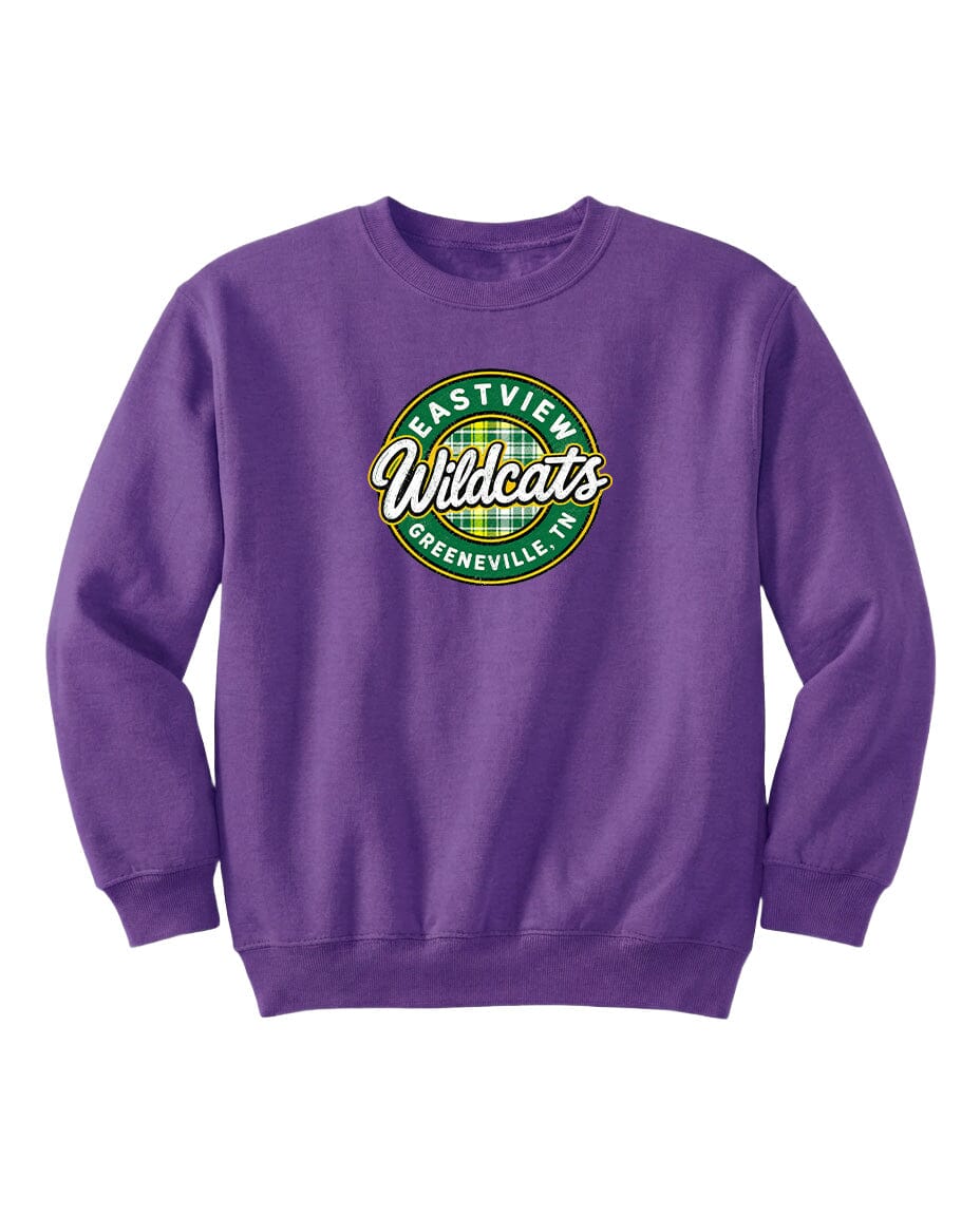 A purple sweatshirt with a circular logo on the front.