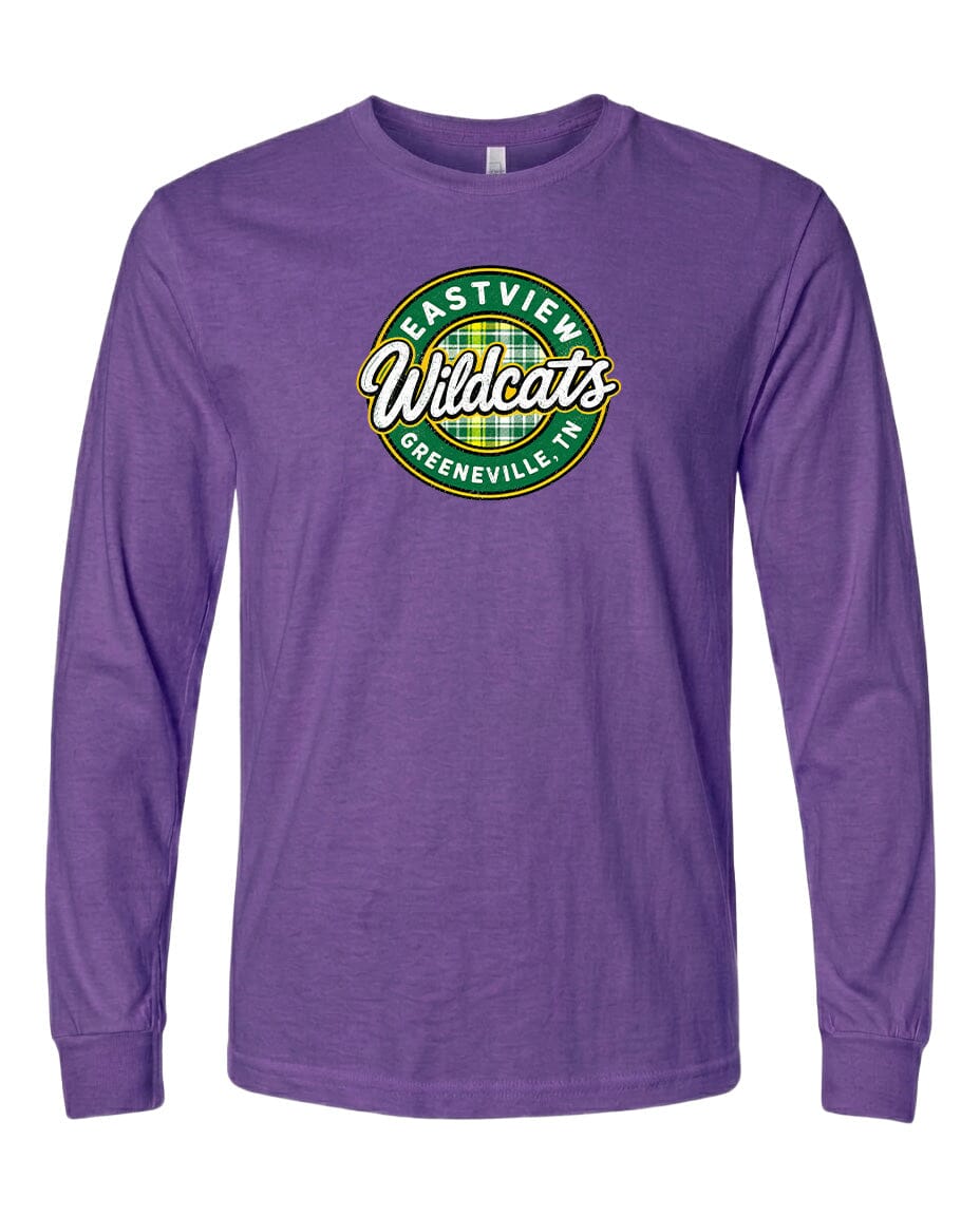 A purple long-sleeved t-shirt with a circular logo on the front.
