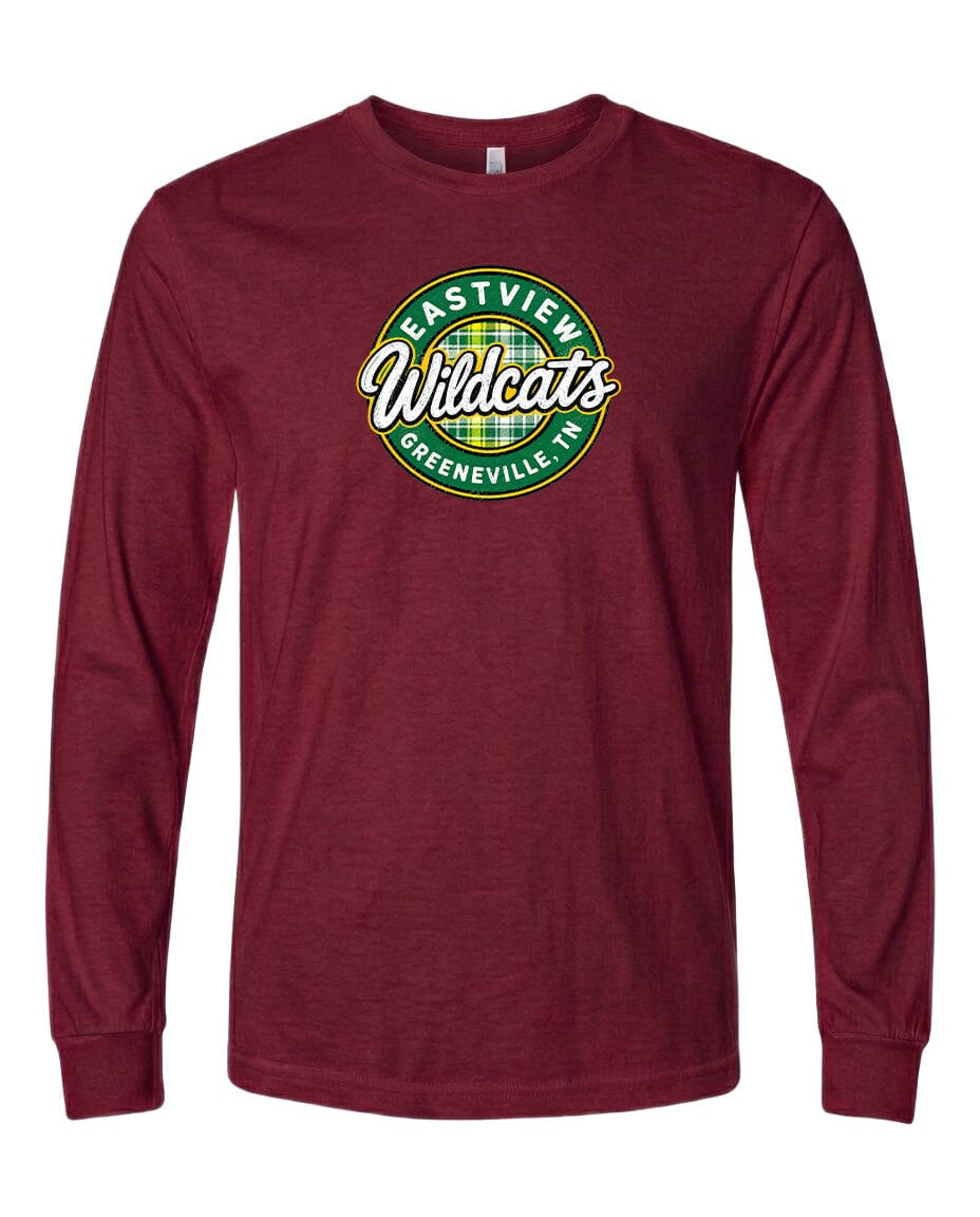 A burgundy long-sleeved t-shirt with a circular logo on the front. The logo features the text "Eastview Wildcats" and "Greeneville, TN" in a stylized font.
