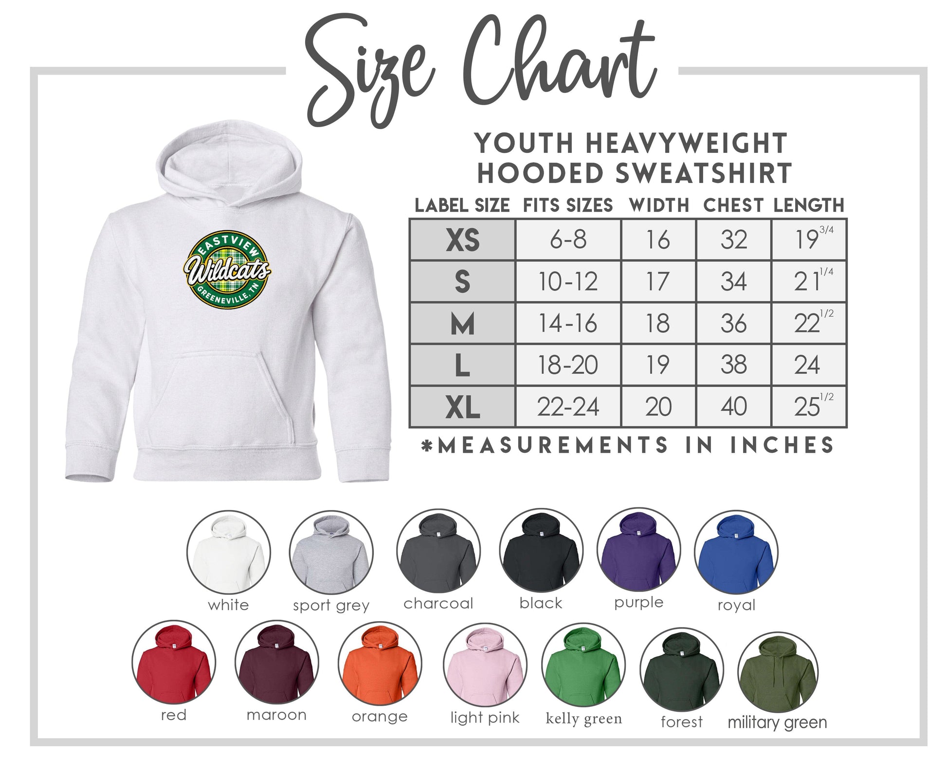 The image is a size chart for a youth heavyweight hooded sweatshirt, providing measurements for different age groups and sizes.