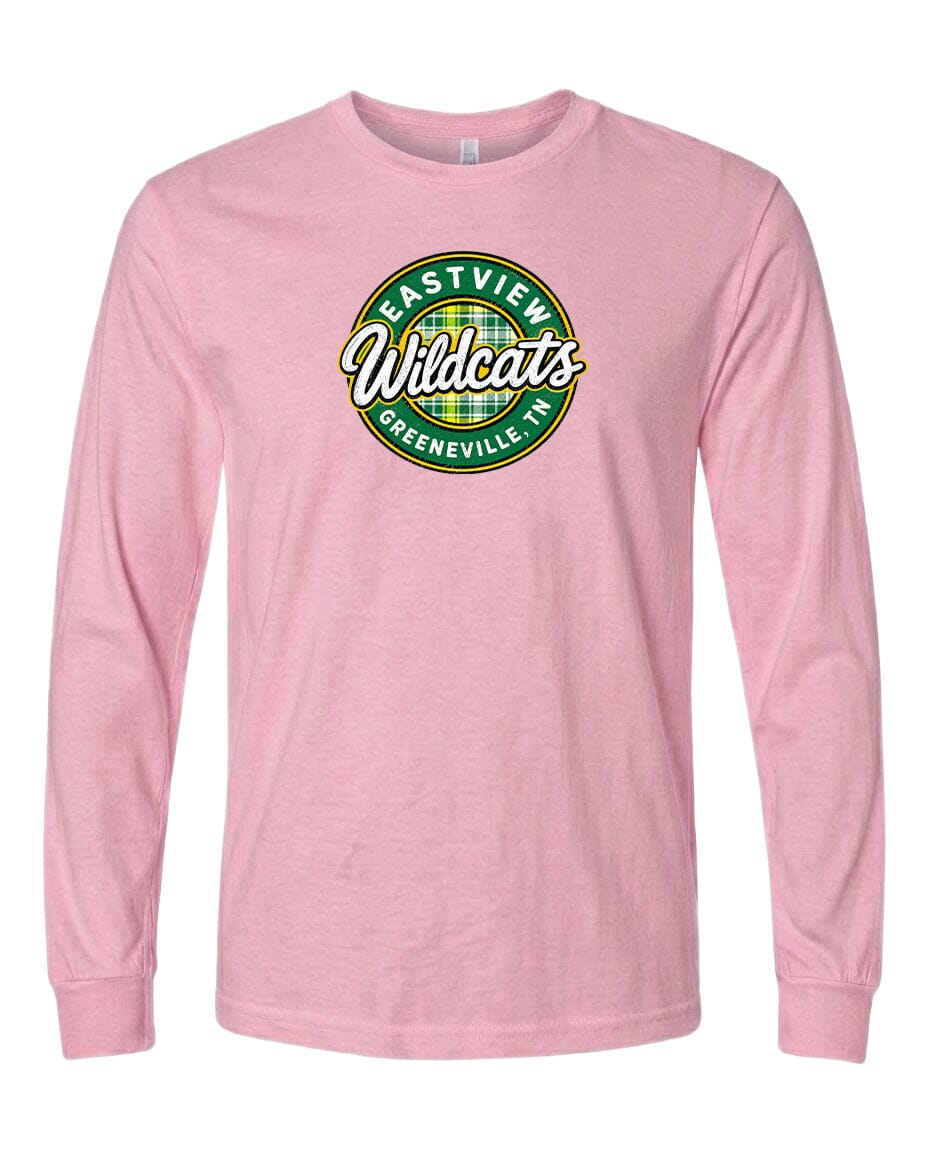A pink long-sleeved t-shirt with a circular logo on the front.