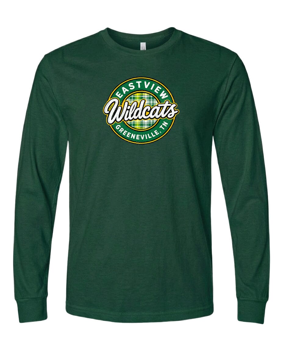 A dark green long-sleeved t-shirt with a circular logo on the front.