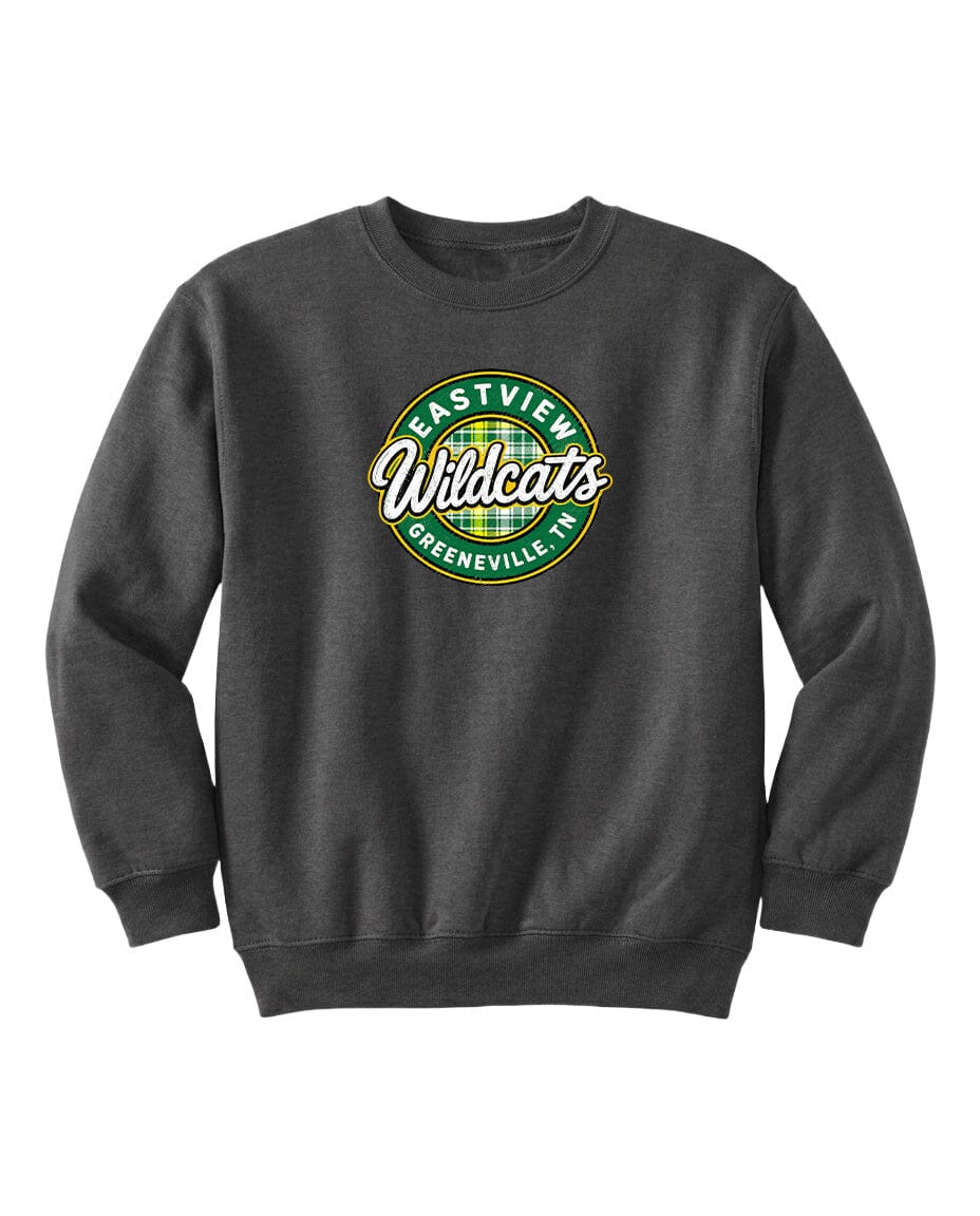 A gray sweatshirt with a circular logo on the front.