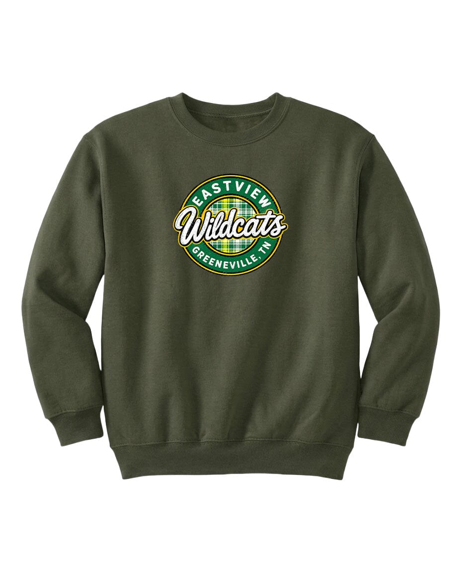 A dark green sweatshirt with a circular logo on the front.