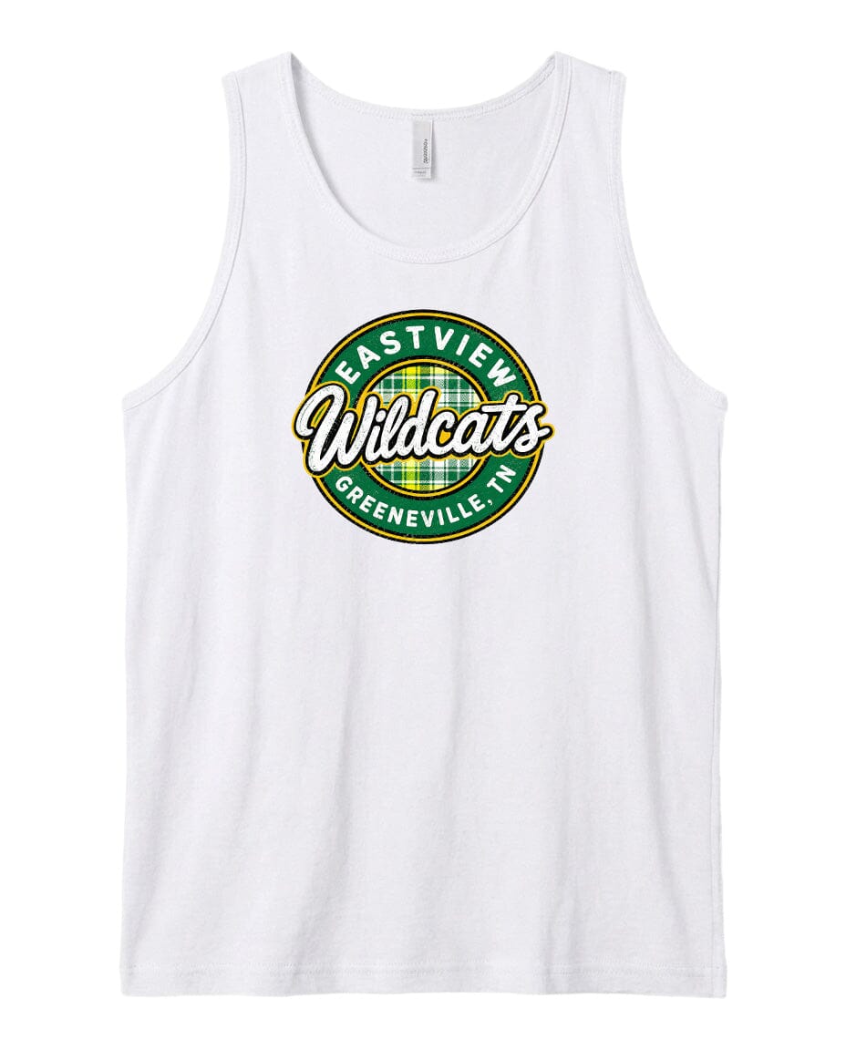 A white tank top with a circular logo that says "EASTVIEW Wildcats Greeneville, TN".