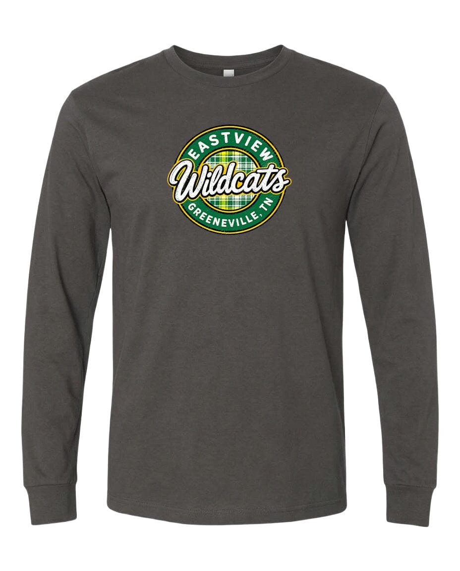 A gray long-sleeved t-shirt with a circular logo on the front. The logo features the text "Eastview Wildcats" and "Greenville, NC" in a stylized font.