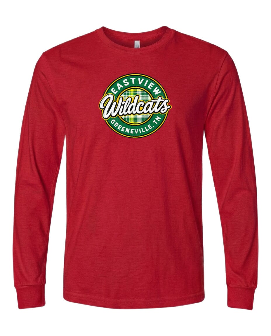 A red long-sleeved t-shirt with a circular logo on the front.