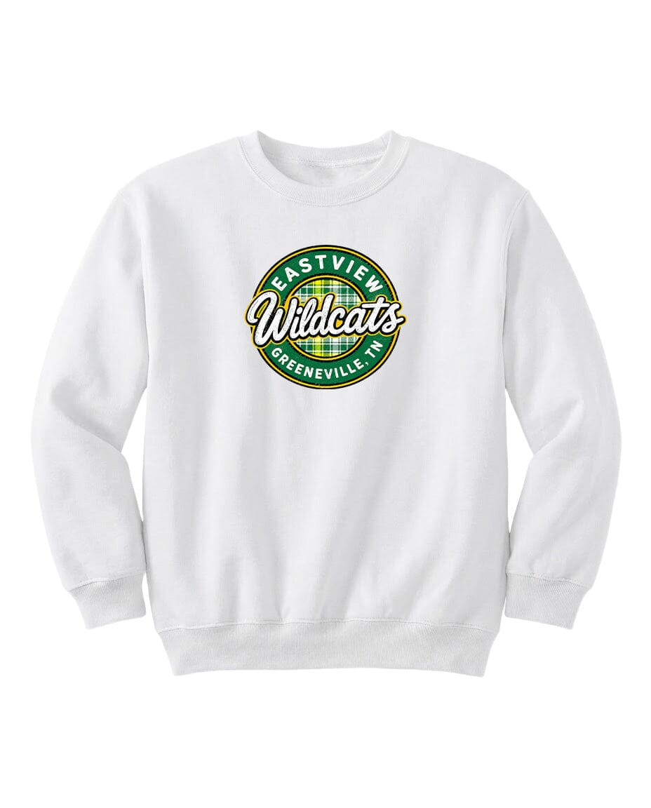 A white sweatshirt with a circular logo on the front.