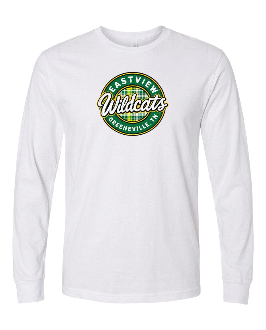 A white long-sleeved t-shirt with a circular logo on the front.