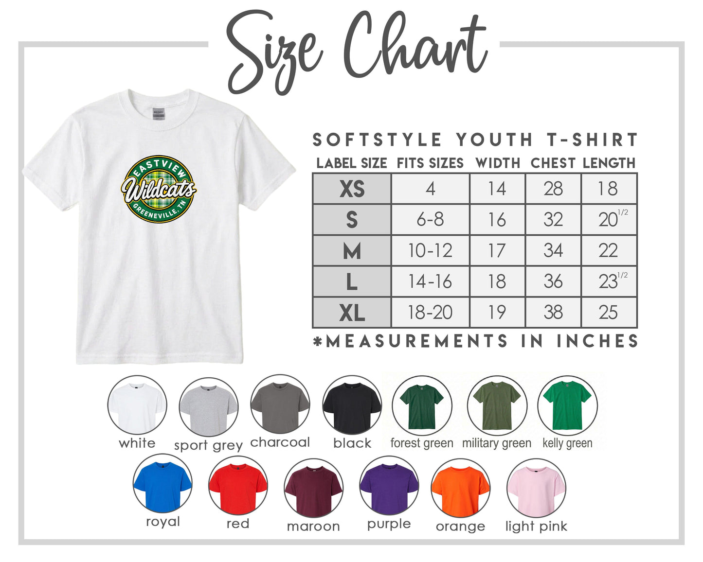 The image is a size chart for a softstyle youth t-shirt, providing measurements for different sizes and corresponding t-shirt colors.