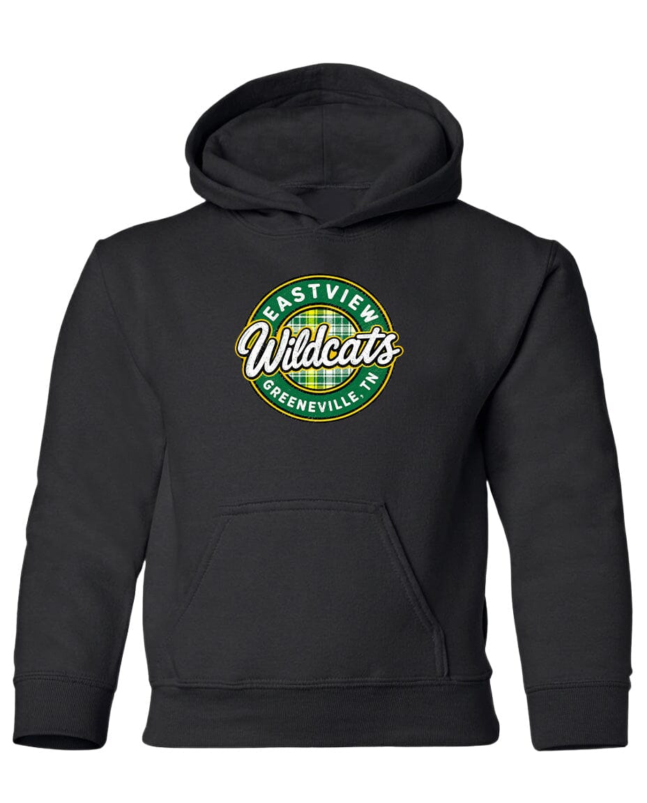 A black hooded sweatshirt with a logo on the front.
