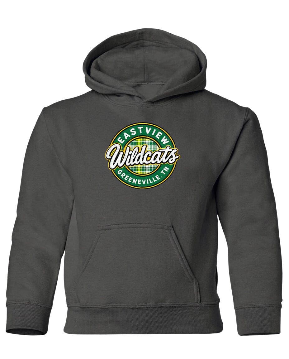 A gray hooded sweatshirt with a logo on the front.