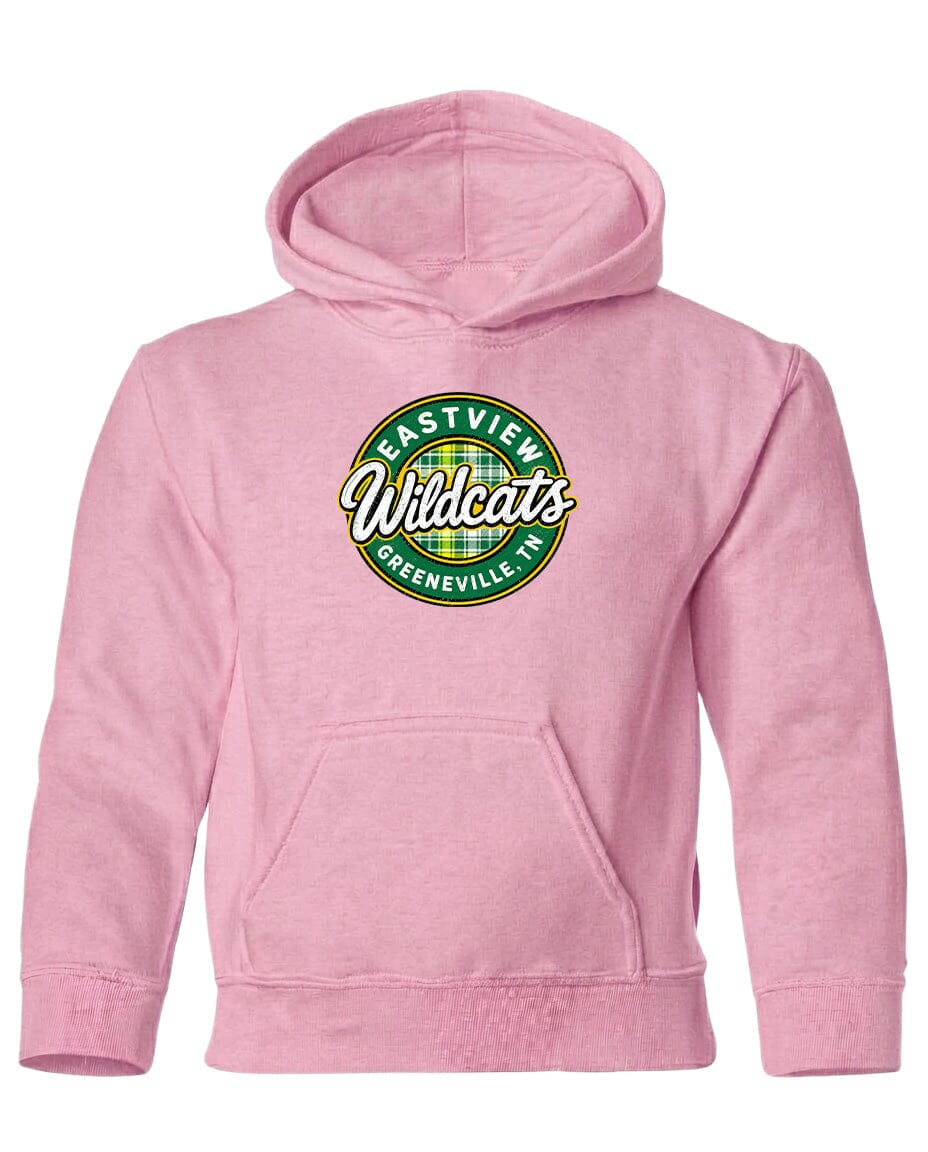 A pink hoodie with a logo on the front.