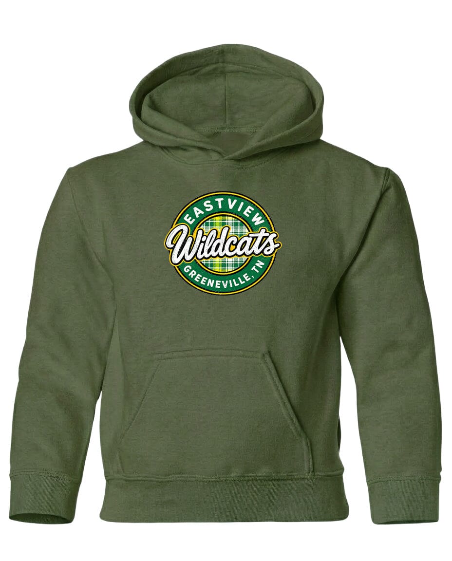 A green hoodie with a logo on the front.