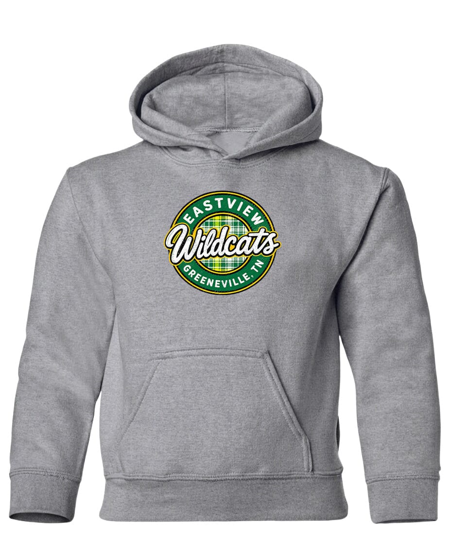 A gray hooded sweatshirt with a logo on the front.