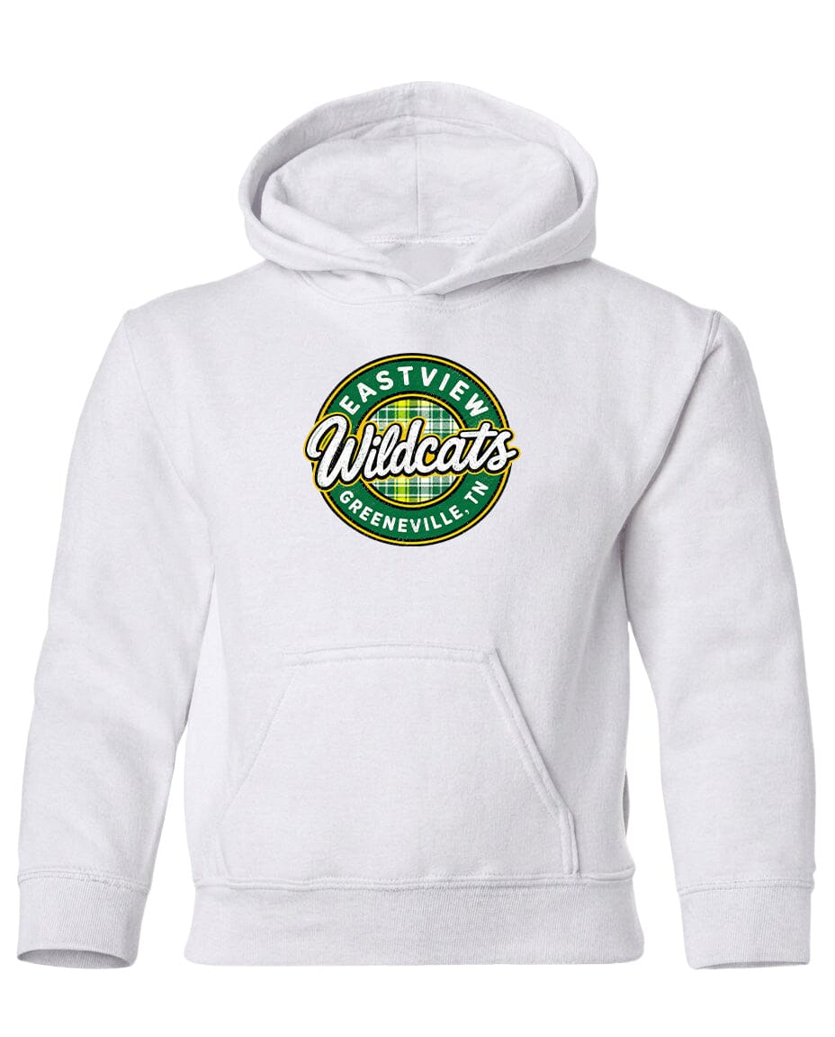 A white hoodie with a logo on the front.
