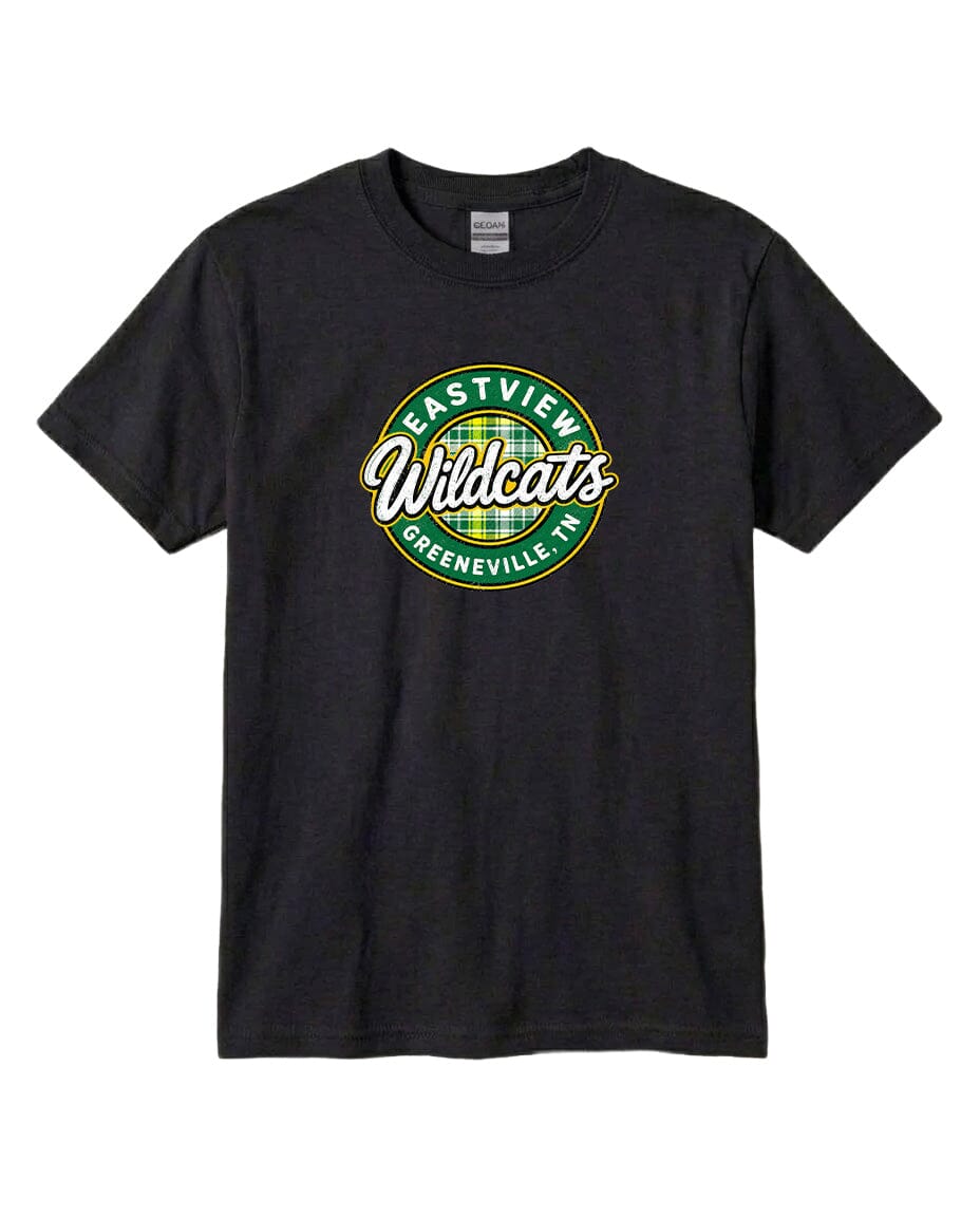 A black t-shirt with a circular logo on it.