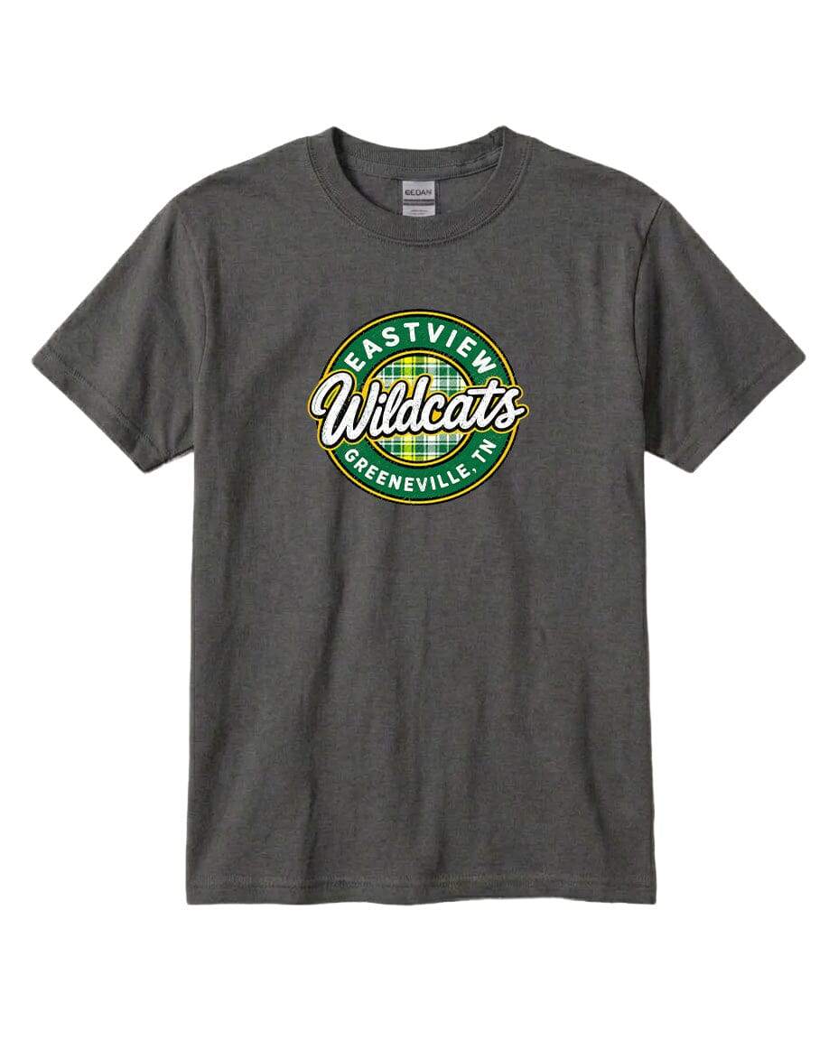 A gray t-shirt with a circular logo that says "Eastview Wildcats Greeneville, TN".