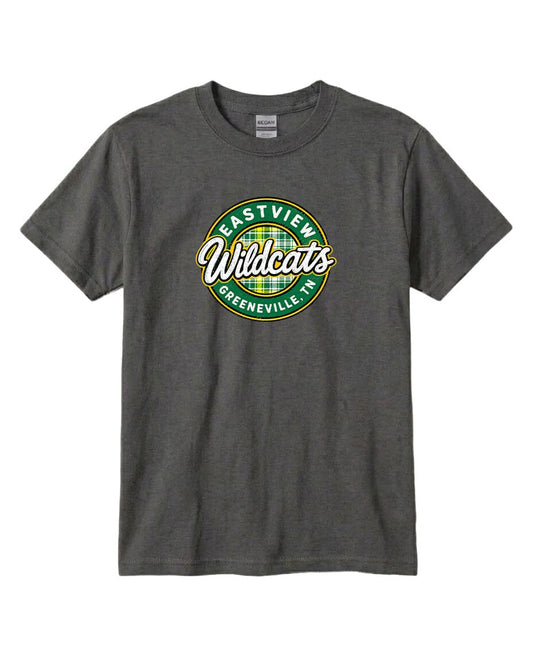 A gray t-shirt with a circular logo that says "Eastview Wildcats Greeneville, TN".