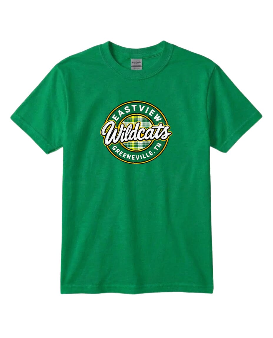 A green t-shirt with a circular logo that says "Eastview Wildcats Greeneville, TN".