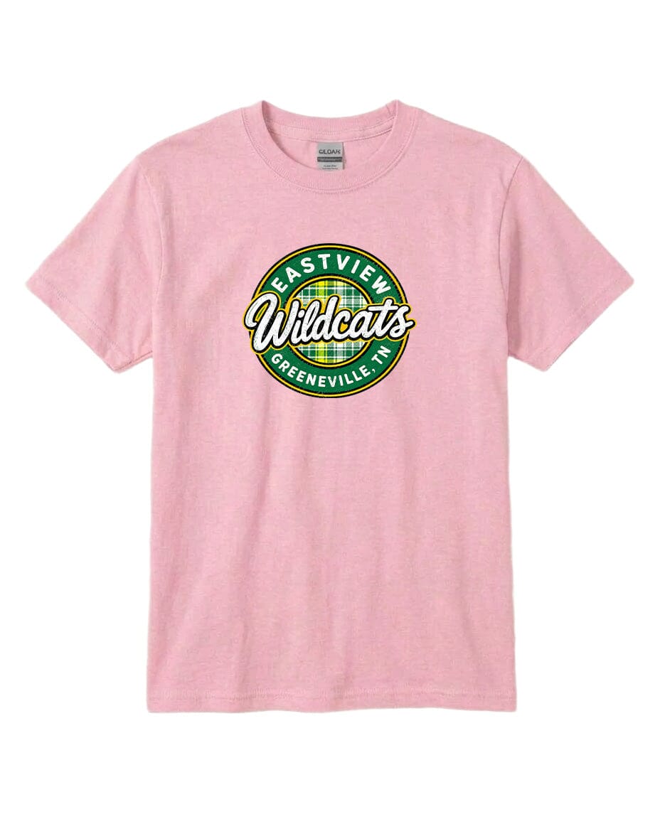 A pink t-shirt with a circular logo that says "Eastview Wildcats Greeneville, TN".