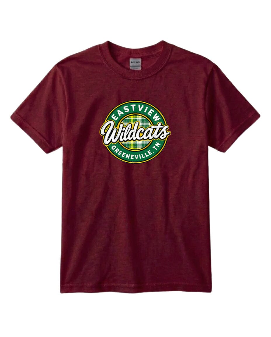 A burgundy-colored t-shirt with a circular logo on the front. The logo features the text "Eastview Wildcats" and "Greeneville, TN" in a stylized font.