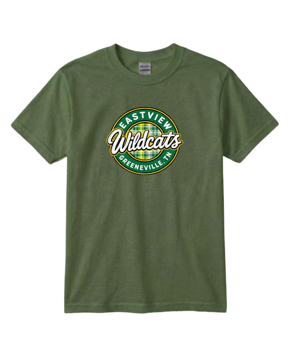 A green t-shirt with a circular logo that says "Eastview Wildcats Greeneville, TN".