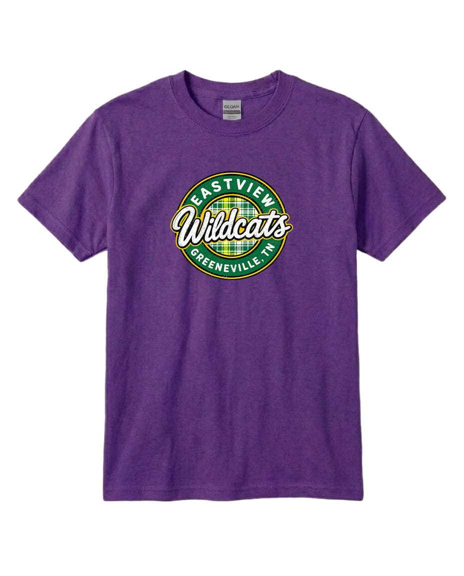 A purple t-shirt with a circular logo that says "Eastview Wildcats Greeneville, TN".