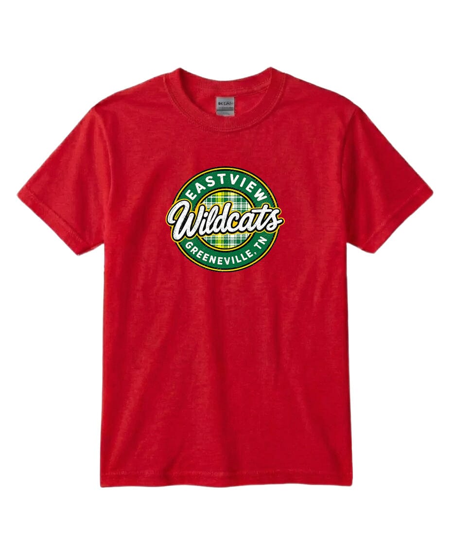 A red t-shirt with a circular logo that says "Eastview Wildcats Greeneville, TN".