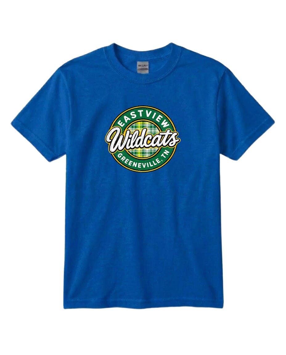 A blue t-shirt with a circular logo that says "Eastview Wildcats Greeneville, TN".