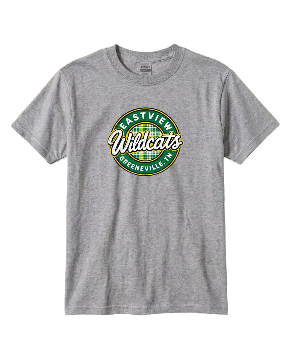 A gray t-shirt with a circular logo that says "East View Wildcats Greeneville, TN".