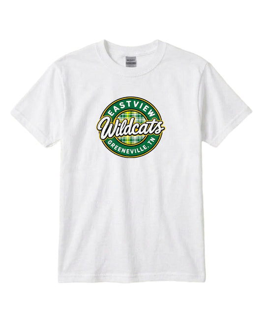 A white t-shirt with a circular logo that says "Eastview Wildcats Greeneville, TN".