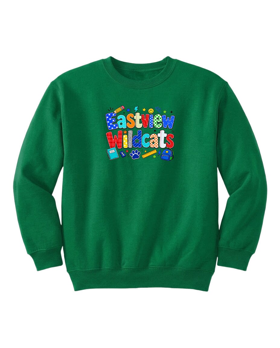 A bright green sweatshirt with a colorful graphic design featuring the text "Eastview Wildcats" and various school supplies.