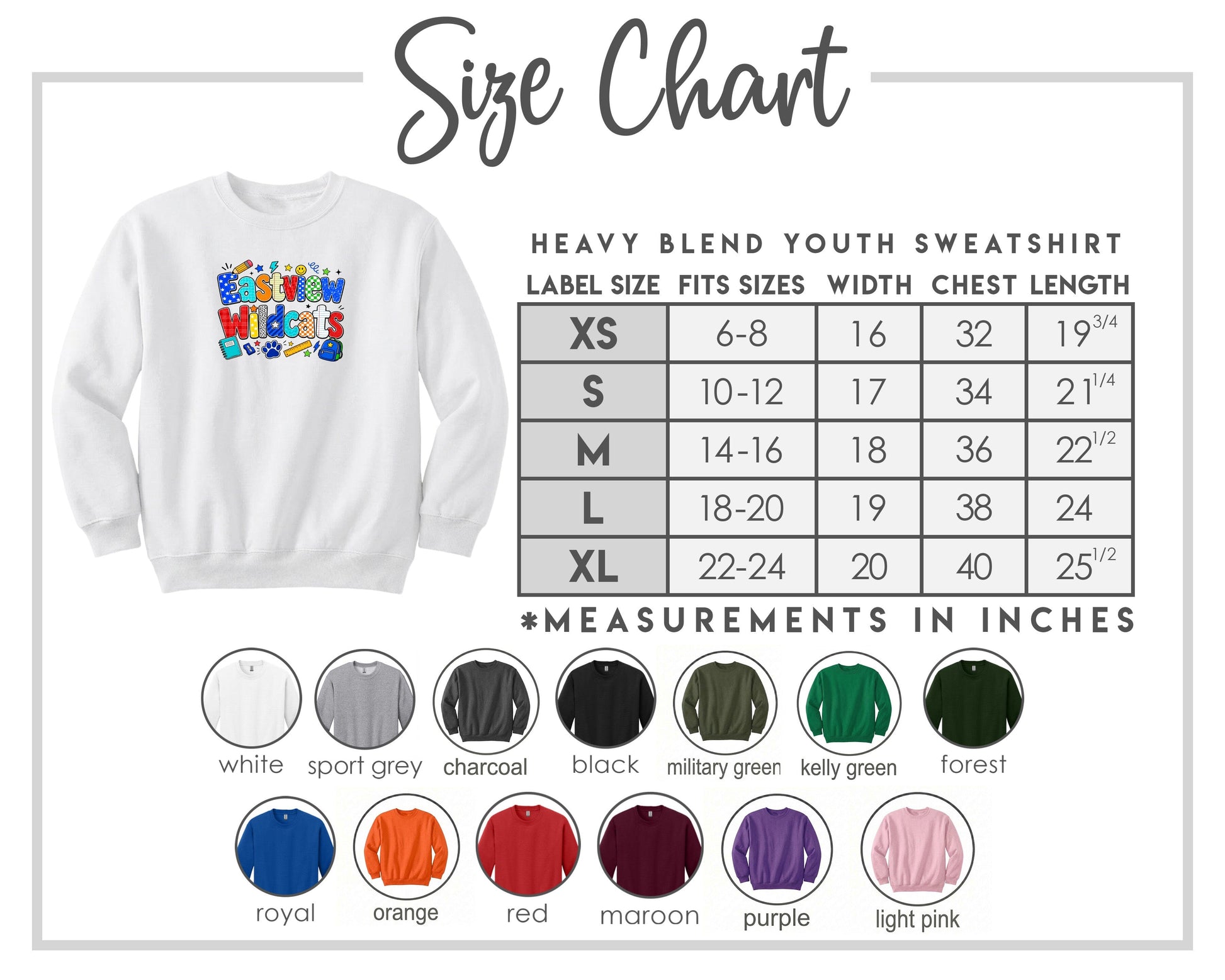 The image is a size chart for a heavy blend youth sweatshirt, including various color options and corresponding measurements in inches.