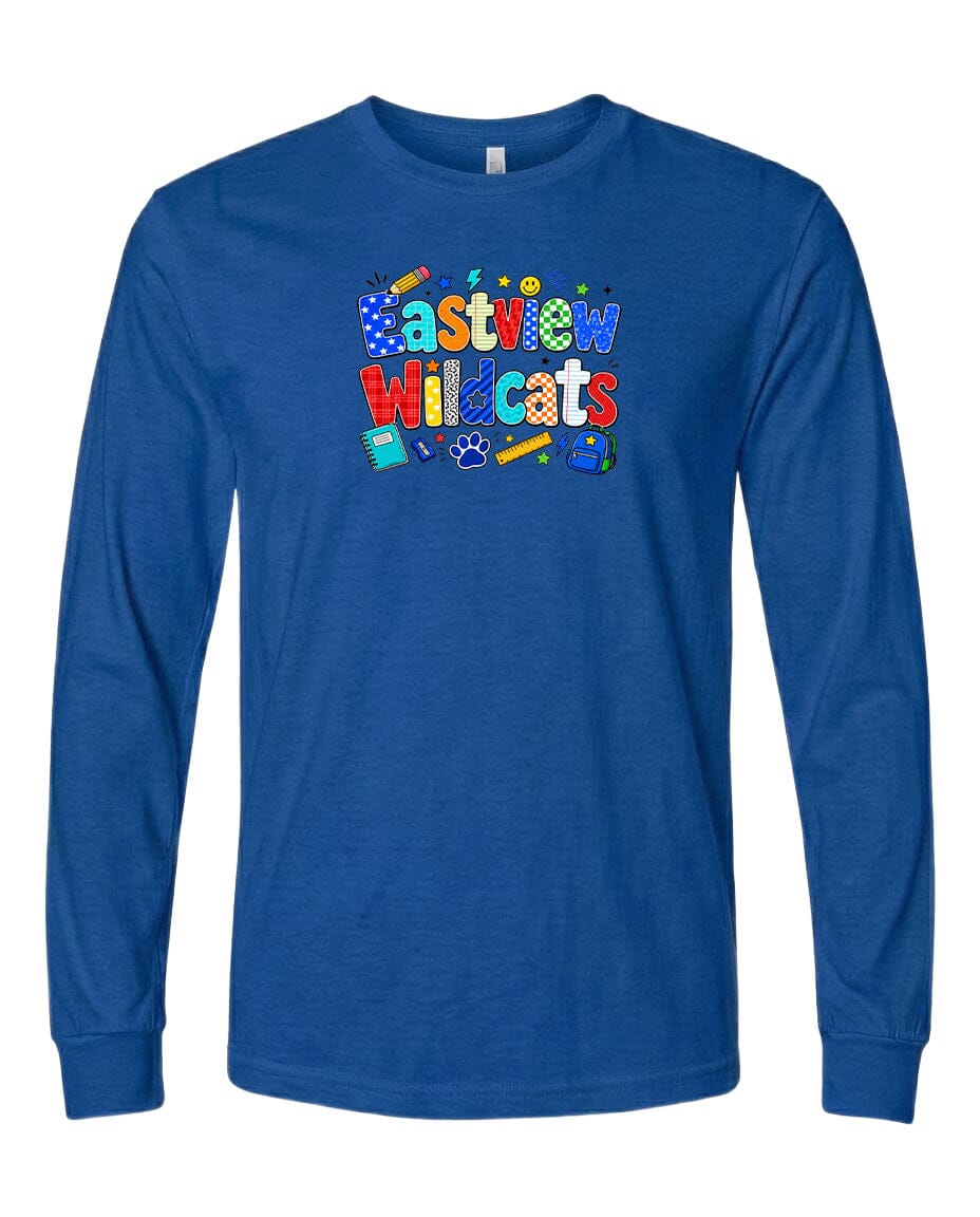 A long-sleeved blue t-shirt with a colorful graphic design featuring the text "Eastview Wildcats" and various school supplies such as pencils, erasers, and a backpack.