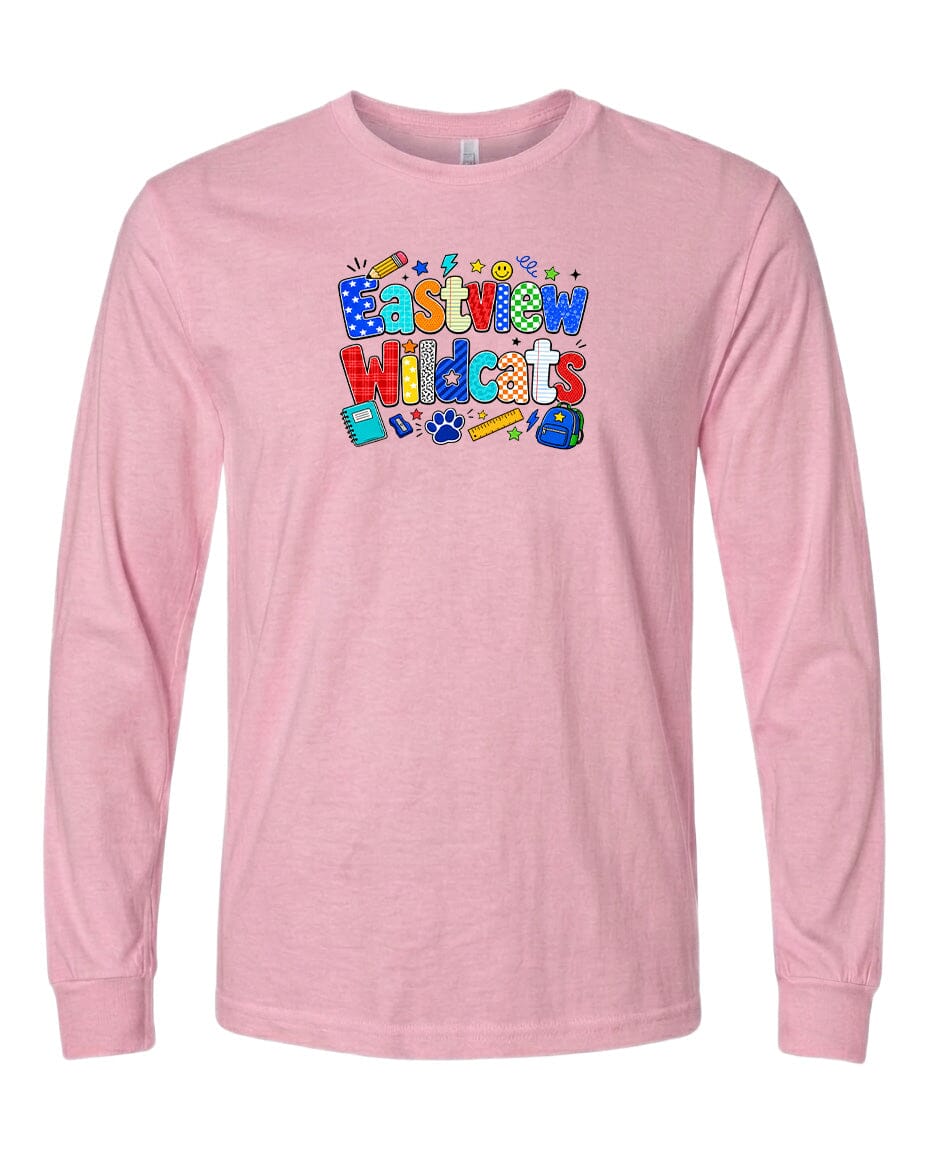 A pink long-sleeved t-shirt with a colorful graphic design featuring the text "Eastview Wildcats" in a playful font.