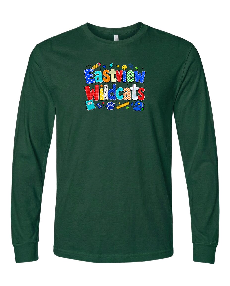 A long-sleeved green t-shirt with a colorful graphic design featuring the text "Eastview Wildcats" and various school-related icons.