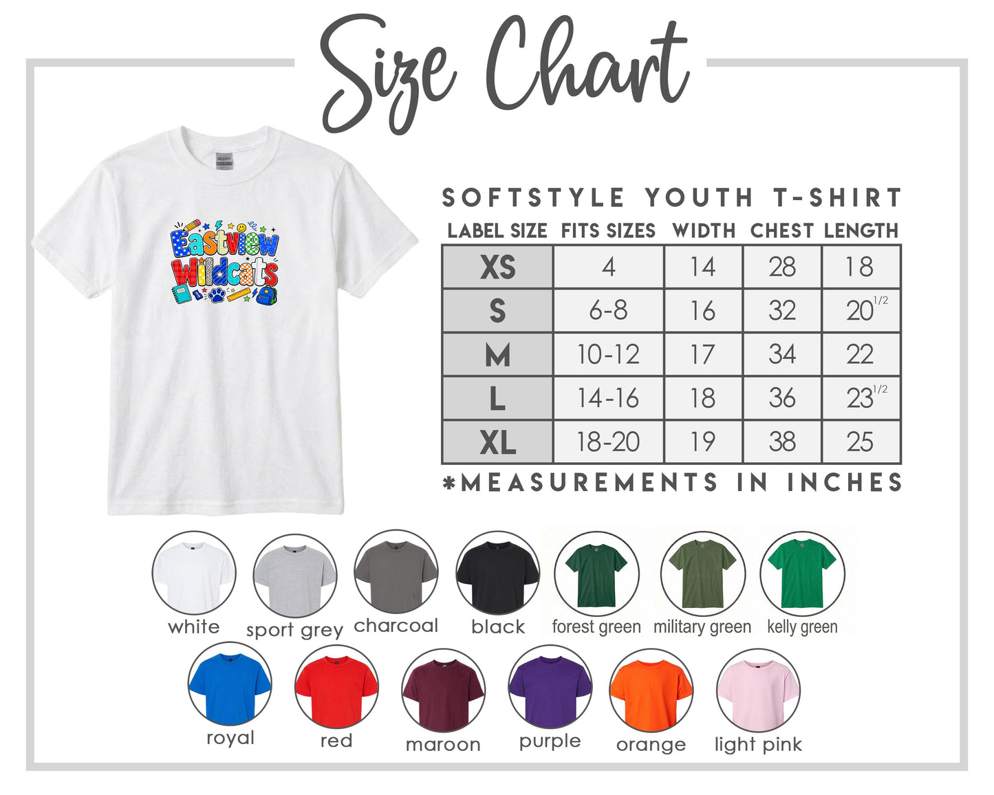The image is a size chart for a softstyle youth t-shirt, providing measurements for different sizes and corresponding t-shirt colors.