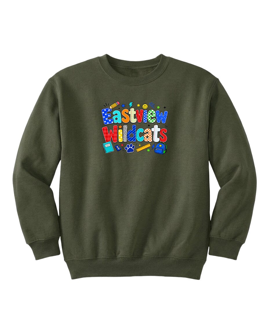 A dark green sweatshirt with a colorful graphic design on the front.
