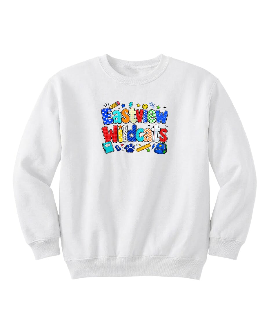 A white sweatshirt with a colorful graphic design featuring the text "Eastview Wildcats" and various school-related icons.