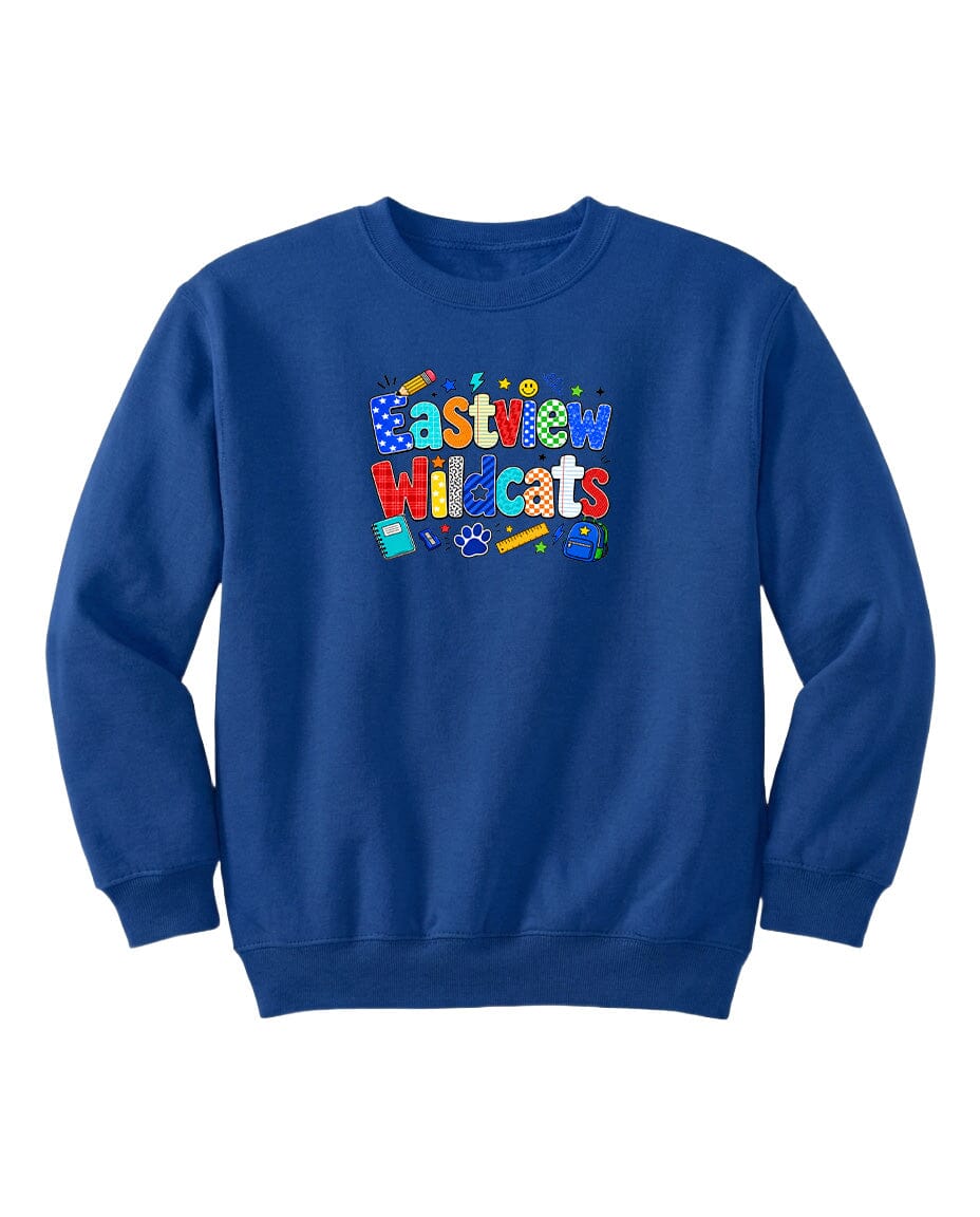 A blue sweatshirt with a colorful graphic design featuring the text "Eastview Wildcats" and various school-related icons.