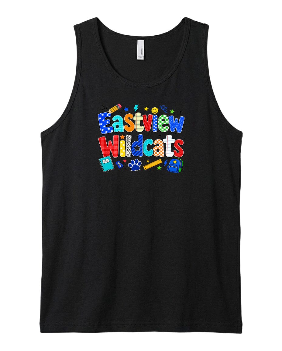 A black tank top with a colorful graphic design featuring the text "Eastview Wildcats" and various school-related icons such as a pencil, backpack, and book.
