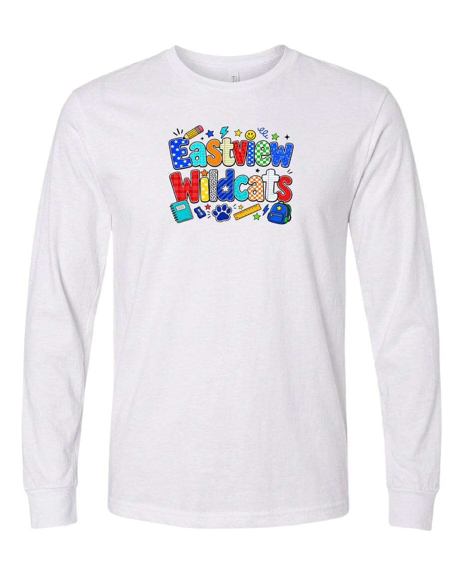 A white long-sleeved t-shirt with a colorful graphic design featuring the text "Eastview Wildcats" in a playful font.
