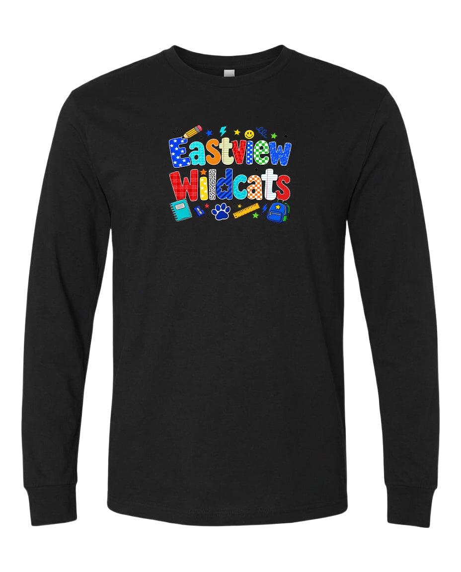 A black long-sleeved t-shirt with a colorful graphic design featuring the text "Eastview Wildcats" and various school-related icons such as pencils, books, and a backpack.