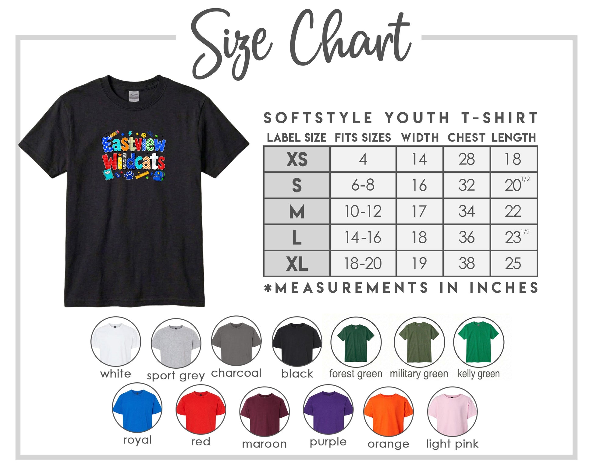 The image is a size chart for a softstyle youth t-shirt, providing measurements for different sizes and corresponding t-shirt colors.