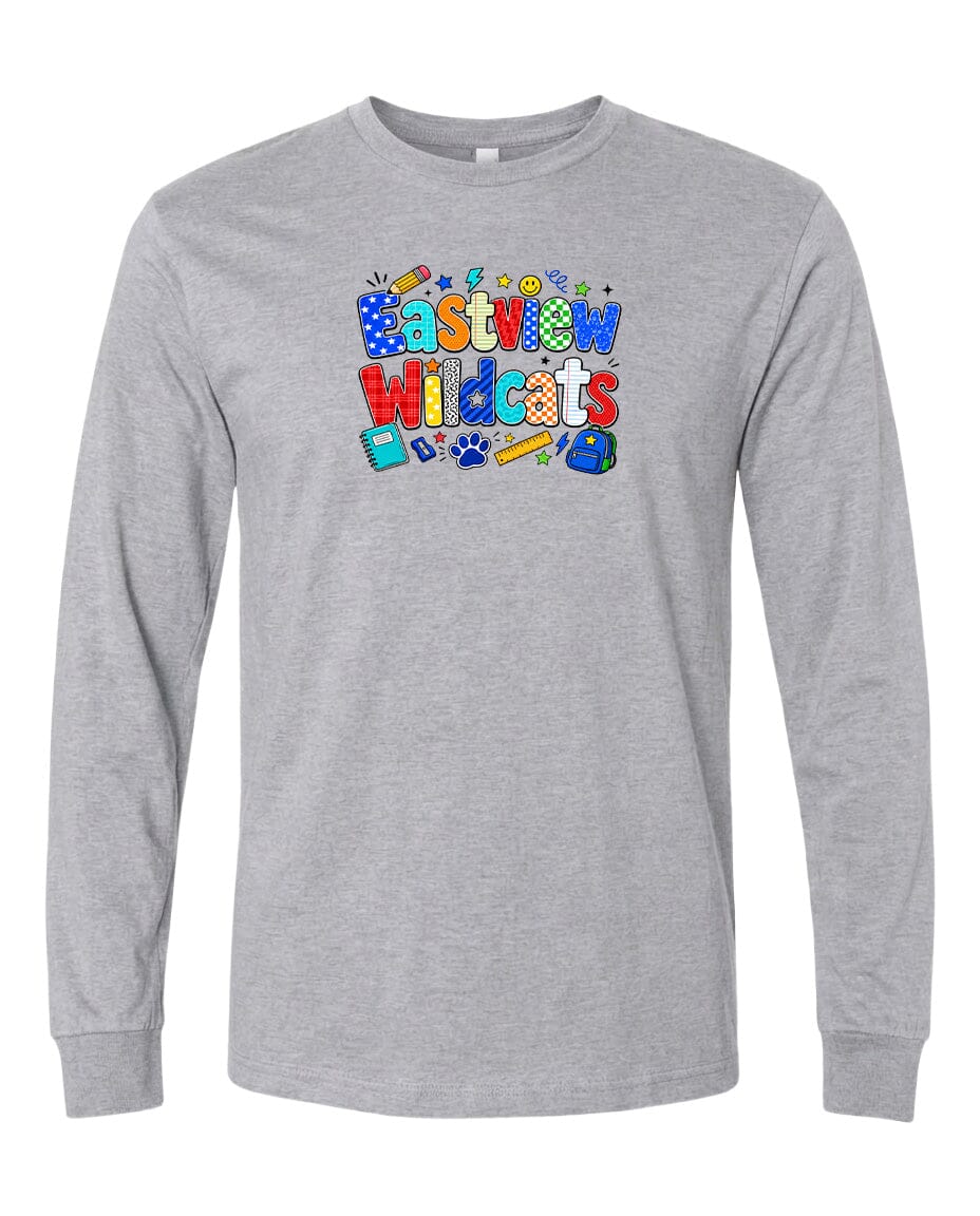 A gray long-sleeved t-shirt with a colorful graphic design featuring the text "EASTVIEW WILDCATS" in a playful font.